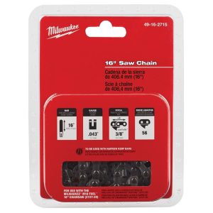 Milwaukee 49-16-2715 Saw Chain, 16 in L, 0.043 in, 4.5 mm File, 3/8 in Pitch