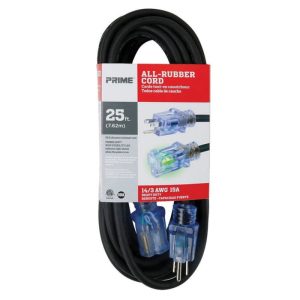PRIME SEEC732725 Outdoor Extension Cord, 125 V, 3 -Conductor, SJOOW Conductor, 14 AWG Conductor, 25 ft L